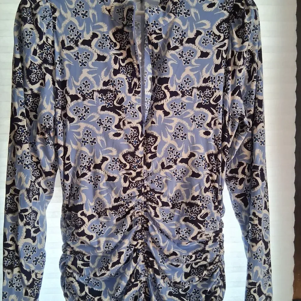 Me+Em graphic ribbon floral print midi dress womens US 6 made in Turkey ruched